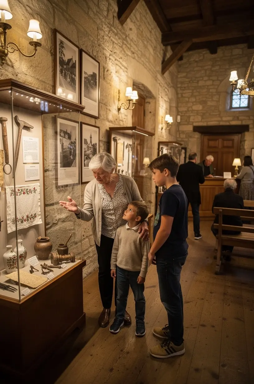 Historisches Rathausgebäude umgeben von farbenfrohen Häusern und wenig Touristenverkehr